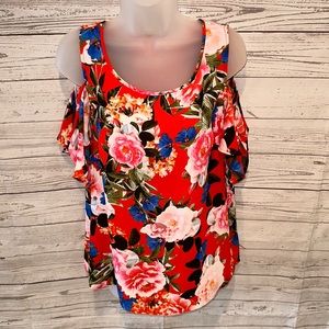 Rose + Olive Orange/Red Floral Print Cold Shoulder Blouse Shirt Top Size Small